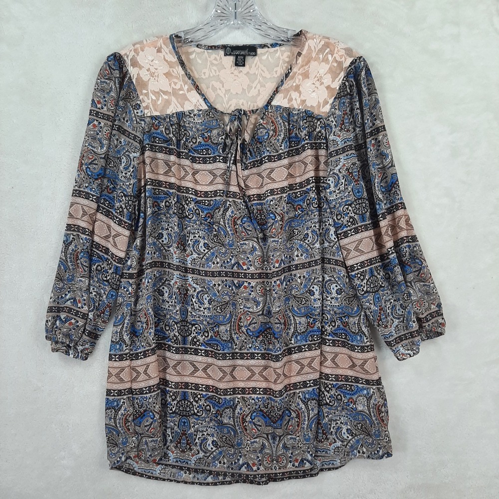 Signature Studio Women Paisley Lace Yoke Peasant Blouse Blue Tan Boho Top Medium
